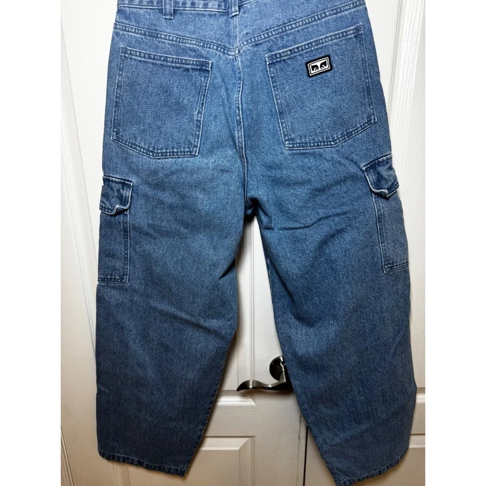 Obey Floral Embroidered Bigwig Cargo Jeans Medium Wash Wide Leg Size 30